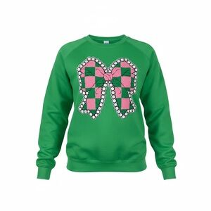 Gildan Green Sweater with Pink Bow Design